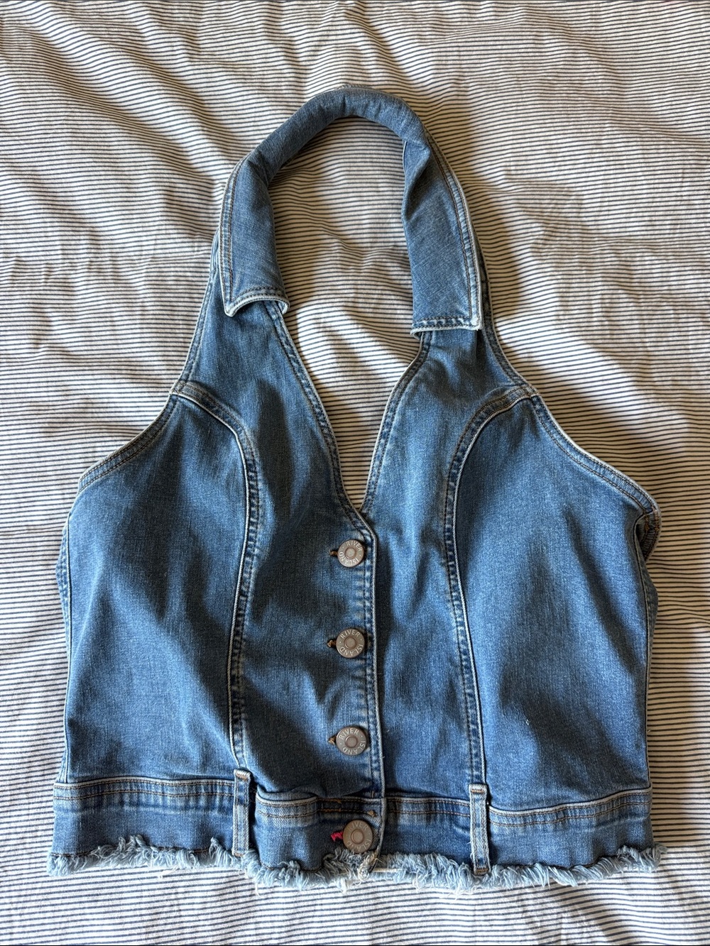 River Island Blue Denim Halter Button-Front Crop Top